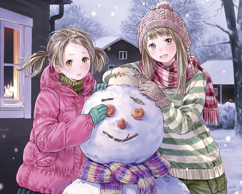 Snowman, pretty, house, adorable, magic, women, sweet, love, anime, beauty, anime girl, long hair, lovely, amour, winter, building, cute, snow, maiden, divine, adore, bonito, sublime, woman, sweater, hot, gorgeous, female, exquisite, brown hair, kawaii, girl, precious, magical, lady, angelic, HD wallpaper