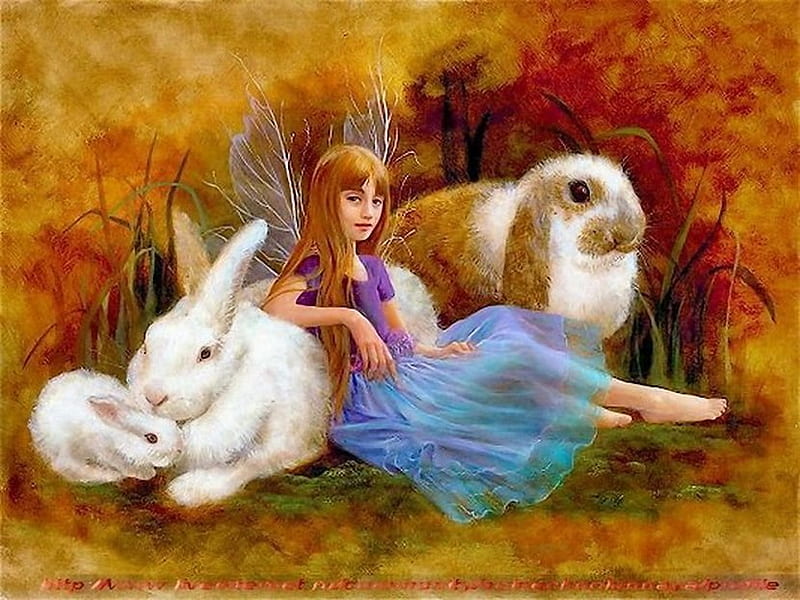 Painting by Lynn Lupetti, art, rabbit, girl, lynn lupetti, painting, bunny,  child, HD wallpaper | Peakpx