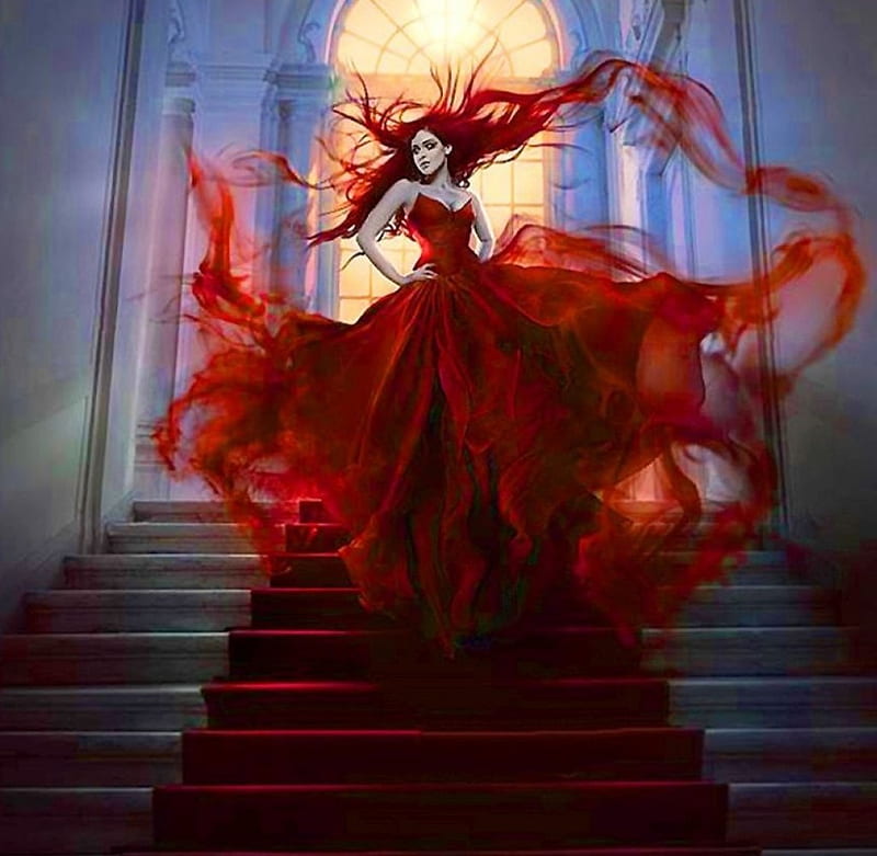 Grand Entrance, magical, enchanting, redhead, red carpet, HD wallpaper
