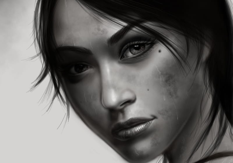 Lara Croft, balck, game, tomb raider, fantasy, portait, bw, face, white, HD wallpaper