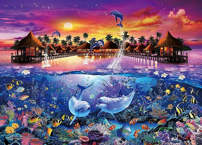 ocean life, puzzle, jigsaw, city, ocean, HD wallpaper