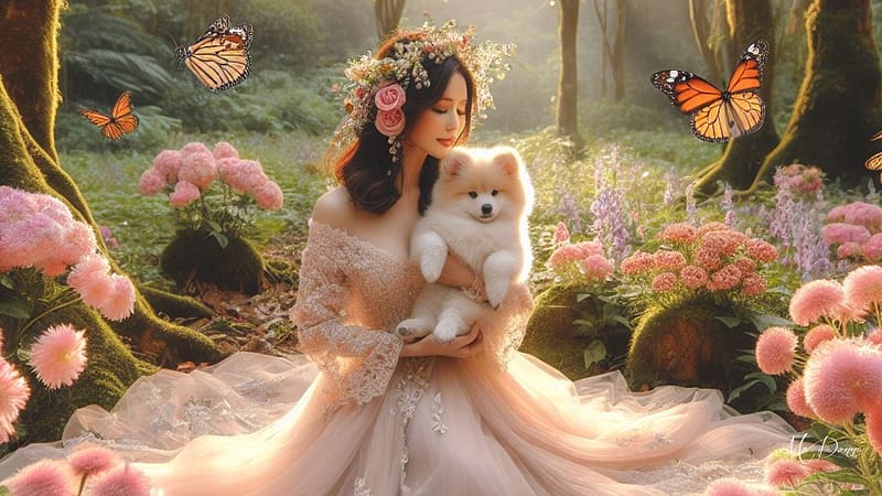 Butterfly Brunette with Puppy, flowers, beautiful lady, woman, dog, pup, field, forest, woods, butterlies, HD wallpaper