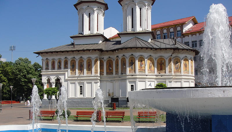 Monastery, fountain, city, arhitecture, religious, HD wallpaper