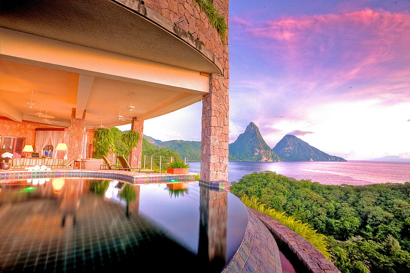 Beautiful Sunset - St Lucia Paradise Island Caribbean West Indies, architecture, twlight, house, sun, dusk, bonito, sunset, st lucia, sea, modern, room, evening, luxury, hotel, exotic, contemporary, view, ocean, swimming pool, set, vista, caribbean, suite, paradise, west indies, mountains, tropical, HD wallpaper