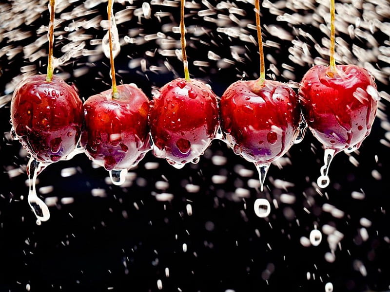 Wet cherries, red, wet, delicious, fruits, cherries, bonito, drops, water, yummy, HD wallpaper