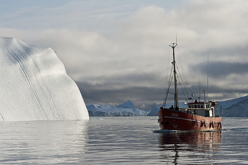 iceberg, arctic, a small ship, greenland, HD wallpaper