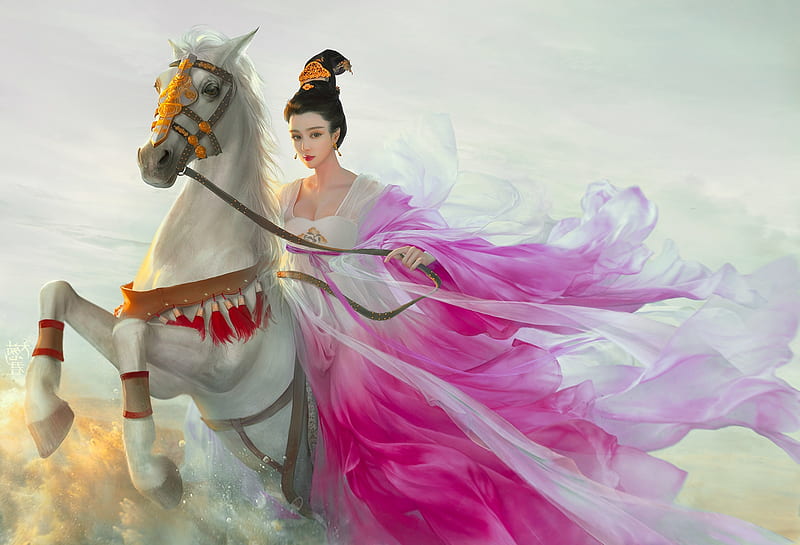 Oriental Princess on Horse, pretty, art, gown, bonito, horse, woman, fantasy, girl, digital, asian, beauty, pink, HD wallpaper