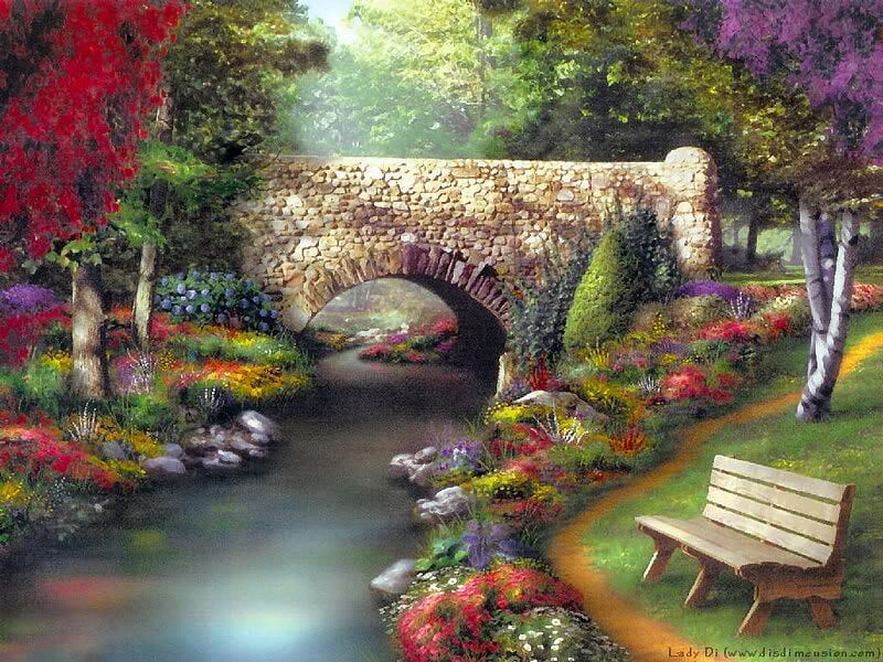Nature's Canvas, pretty, scenic, bench, park, trees, meditate, bridge, views, settings, flowers, gardens, path, peaceful, nature, colours, reflection, HD wallpaper