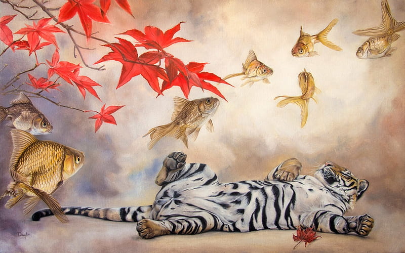 Sweet dreams, red, art, autumn, luminos, fish, oarnage, tiger, irenadem, animal, leaf, fantasy, painting, tigru, pictura, dream, HD wallpaper