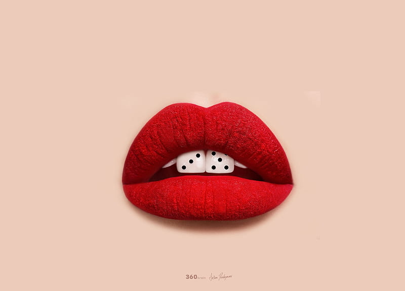 Lucky lips, red, artem pozdnyakov, funny, dice, lucky, lips, creative, pink, fantasy, HD wallpaper