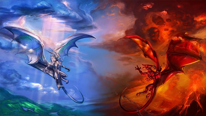 ice n fire dragons, fire, sky, clouds, dragons, HD wallpaper