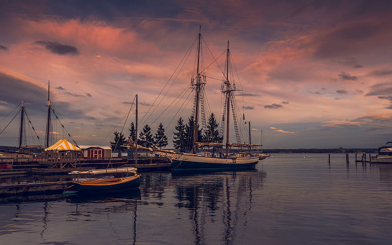 sailboat, bay, sunset, wooden sailboat, beautiful ships, dock, HD wallpaper
