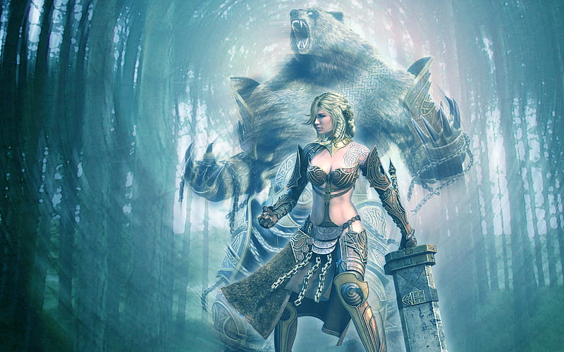 Spirit of the bear, forest, bear, bonito, guild wars 2, cool, warrior, girl, sword, blue, HD wallpaper