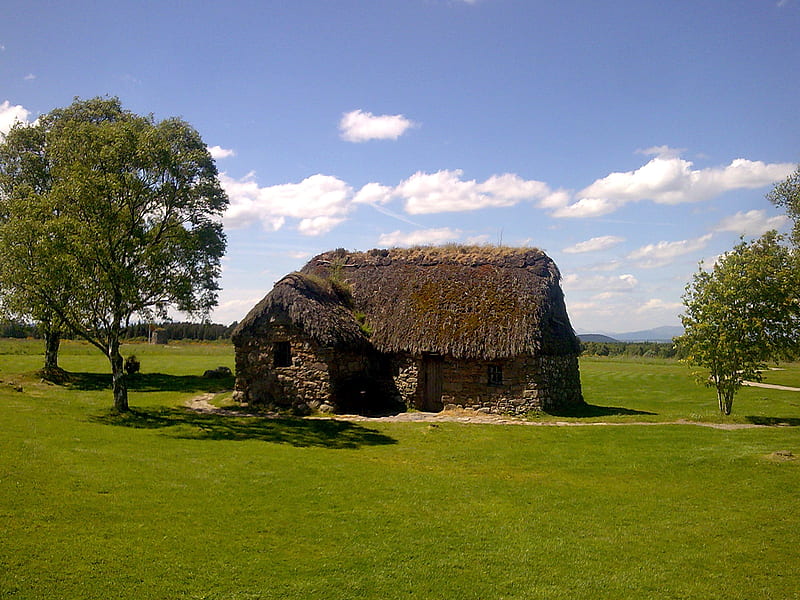 Leanach Farmhouse Culloden Moor, roof, culloden, leanach, jacobite, battlefield, farmhouse, moor, thatched, scotland, HD wallpaper