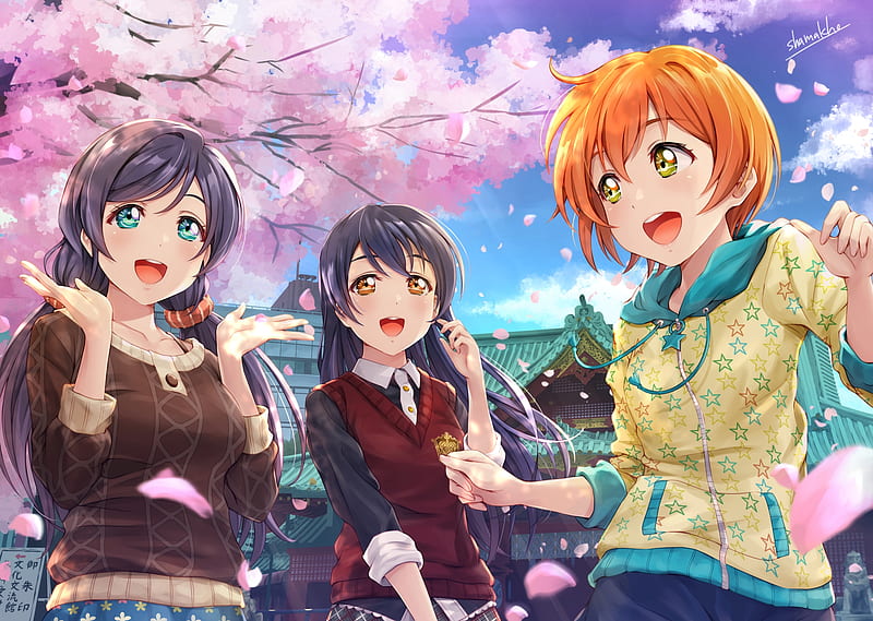 hoshizora rin, toujou nozomi, sonoda umi, love live, sakura blossom, Anime, HD wallpaper