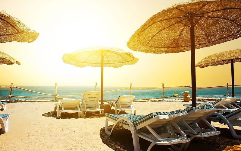 sea, beach, chaise lounges, waves, umbrellas near the sea, rest, travel concepts, HD wallpaper