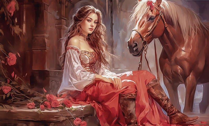 Girl and the horse, lany, festes, portre, viragok, muveszet, szoknya piros, barna lo, alkotas, barna haj, HD wallpaper