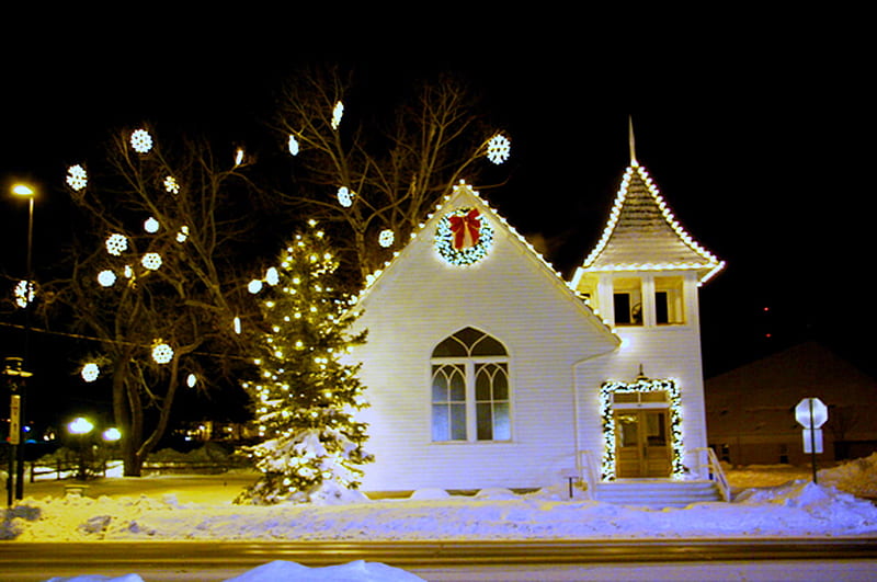 Christmas chapel, christmas, chapel, white, lights, winter, HD wallpaper