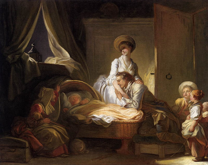 A visit to the nursery, art, jean honore fragonard, nursery, visit, man, woman, mother, father, painting, copil, child, pictura, HD wallpaper