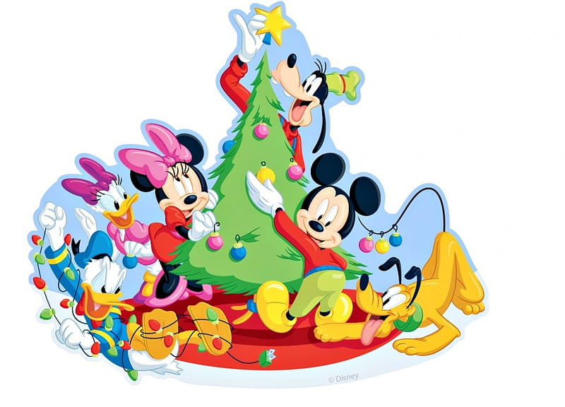 Disney Christmas, red, craciun, christmas, goofy, yellow, tree, donald, green, mouse, pluto, minnie, white, mickey, disney, daisy, dog, HD wallpaper