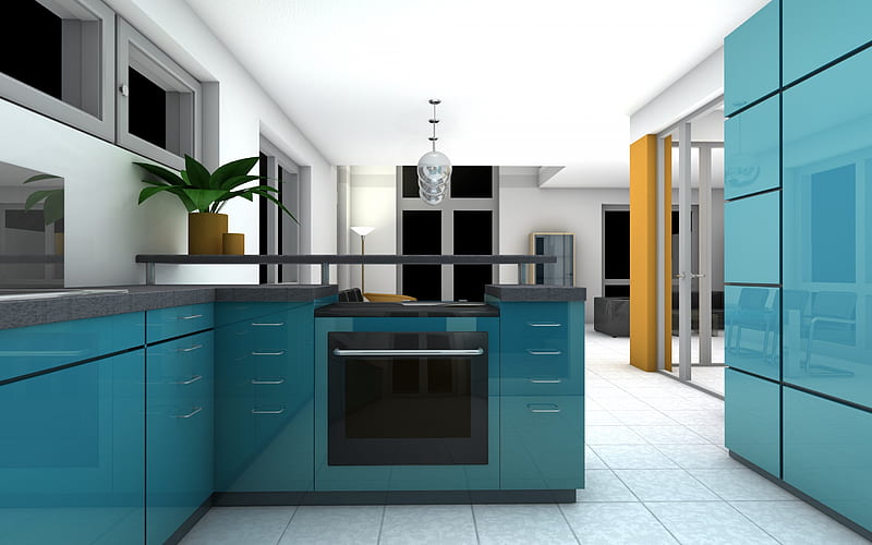 stylish kitchen interior, blue kitchen, glossy surfaces, modern blue kitchen furniture, kitchen design project, HD wallpaper