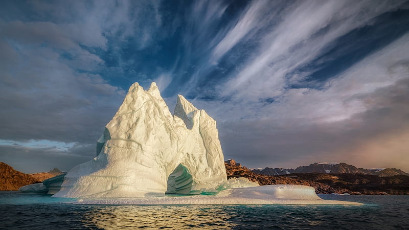 Fjord Greenland, ice floe, iceberg, nature, clouds, sea, HD wallpaper