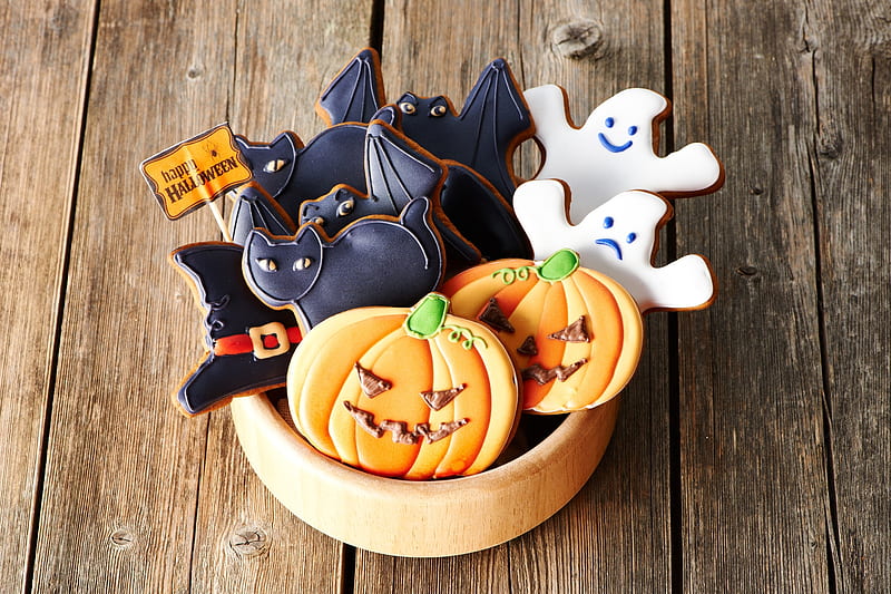Happy Halloween!, cookies, ghost, sweets, food, halloween, pumpkin, wood, dessert, HD wallpaper