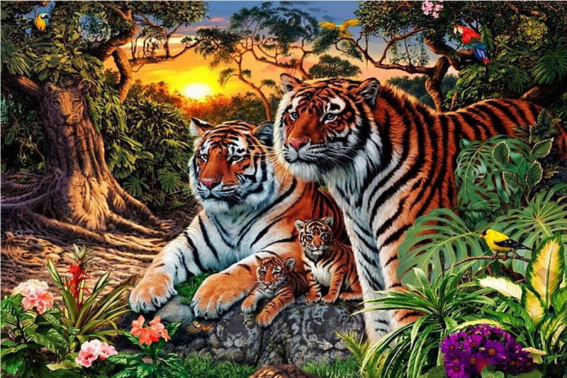 The Forest of the Tiger, jungle, flowers, tigers, sunset, cubs, trees, cats, artwork, HD wallpaper
