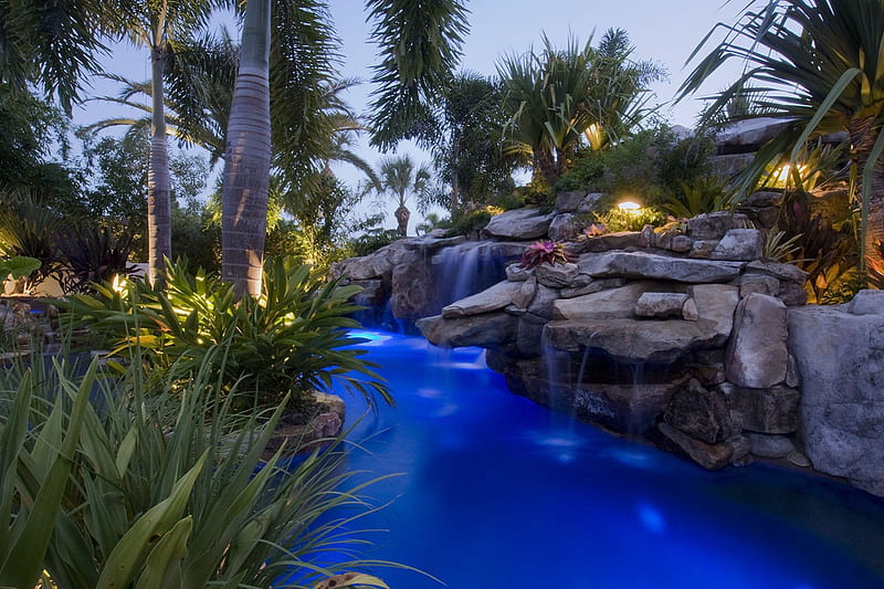 Dream Lit Waterfall Pool, exotic, lit, pool, lake, hot tub, lights, palm trees, pond, lagoon, water, paradise, waterfall, jacuzzi, island, tropical, swimming, HD wallpaper
