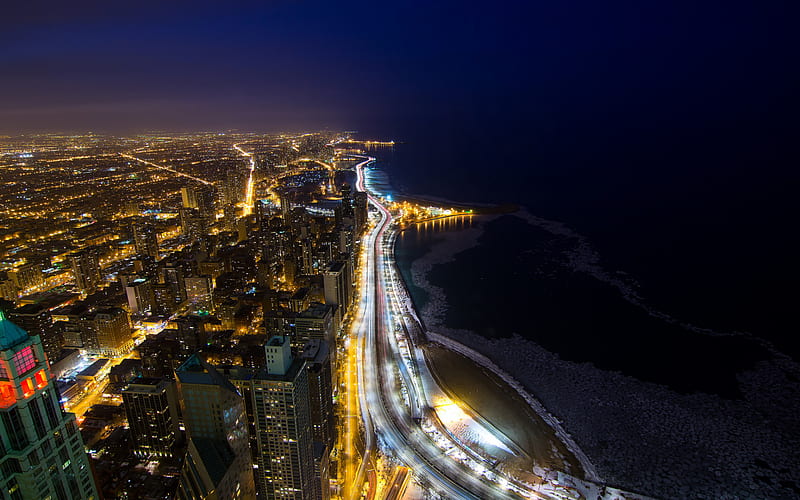 Chicago, Lake Michigan, coast, night, cityscape, skyscrapers, Chicago skyline, Illinois, USA, HD wallpaper