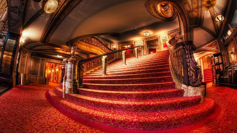 majestic stairs in an old chicago theater r, red, stairs, r, carpet, theater, HD wallpaper