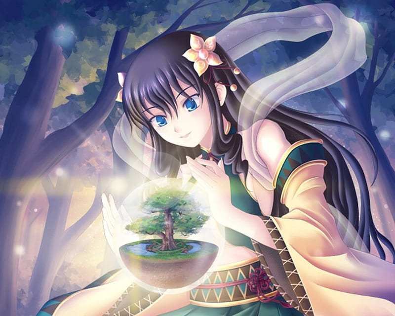 Mother of Eden, pretty, glow, divine, plant, woods, sparks, bonito, magic, sublime, elegant, sweet, nice, anime, hot, beauty, animne girl, long hair, blue eyes, light, gorgeous, black hair, forest, female, lovely, sexy, cute, tree, girl, magical, nature, HD wallpaper