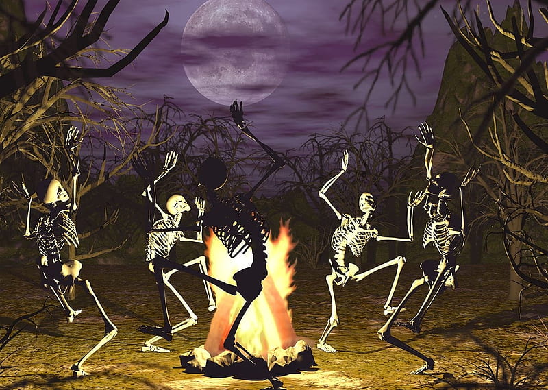 bone dance, bones, moonlight, dance, firelight, HD wallpaper