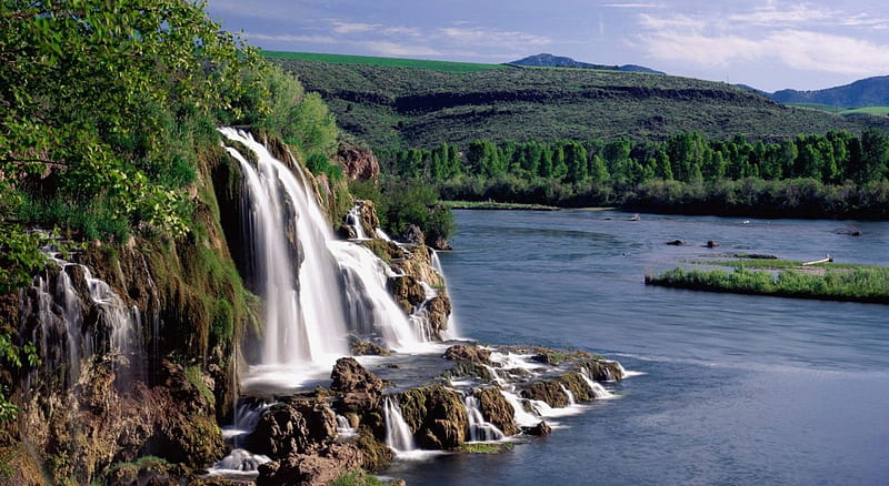 Waterfall, river, trees, mountains, HD wallpaper Waterfall, river, trees, mountains, HD wallpaper