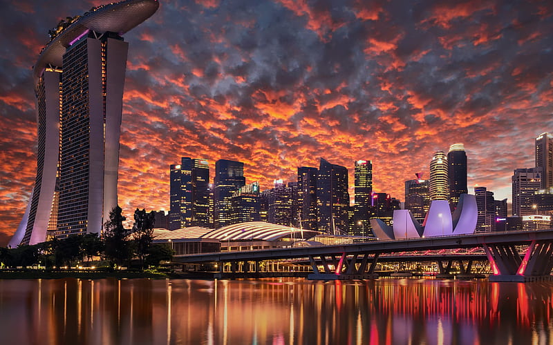 Singapore sunset, Marina Bay Sands, skyscrapers, modern buildings, Asia, Singapore, HD wallpaper
