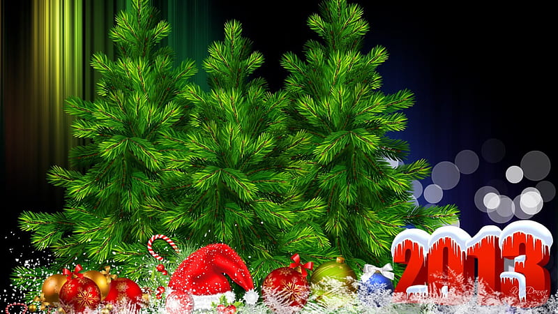 New Year Surprise, feliz navidad, christmas, new year, ribbons, bows, xmas, winter, tree, pine, balls, snow, decorations, fir, candy cane, santa hat, spruce, HD wallpaper