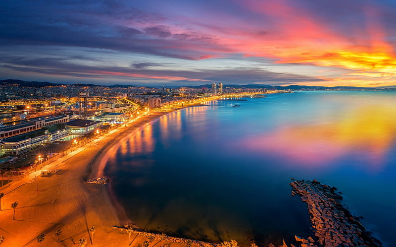 Barcelona, evening, sunset, beach, coast, Mediterranean Sea, Catatonia, Spain, HD wallpaper