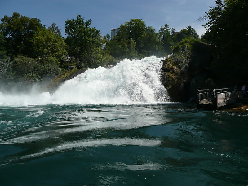 Pristine Falls at Lake, rushing falls, blue sky, trees, lake, HD wallpaper
