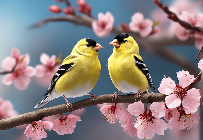 2 American Goldfinch birds on a branch of red cherry blossoms, cseresznye virag, termeszet, sarga, madarak, szines, faag, tollazat, aranypinty, ules, fekete, csor, HD wallpaper