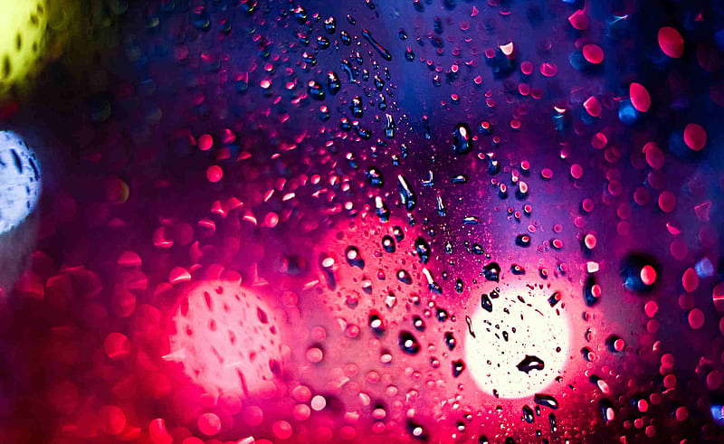 Raindrops and Headlights, purple, raindrops, rain, white, pink, blue, HD wallpaper