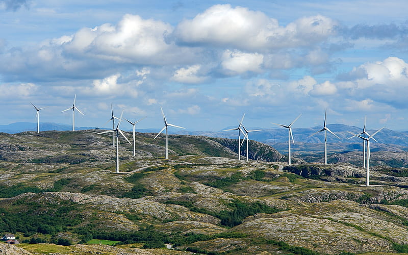 Wind Turbines in Norway, mountains, clouds, Norway, wind turbines, landscape, HD wallpaper