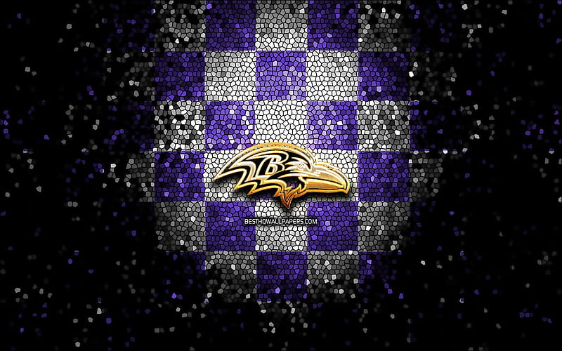 Baltimore Ravens, glitter logo, NFL, violet white checkered background, USA, american football team, Baltimore Ravens logo, mosaic art, american football, America, HD wallpaper