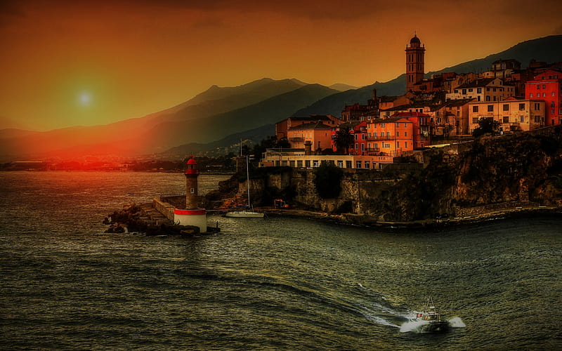 Mediterranean Sea, evening, sunset, lighthouse, coast, mountain landscape, Italy, HD wallpaper