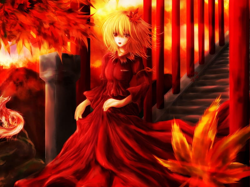 Aki Shizuha, red, dress, glow, sparks, creepy, staircase, stair, anime, touhou, gloomy, scary, hot, anime girl, light, female, gown, sexy, short hair, cute, girl, sinister, red eyes, HD wallpaper