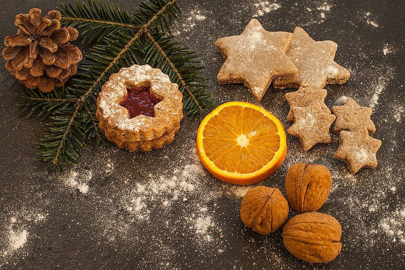 Christmas Cookies, Christmas, Orange, Advent, Nuts, Cookies, Pinecone, Fir, HD wallpaper