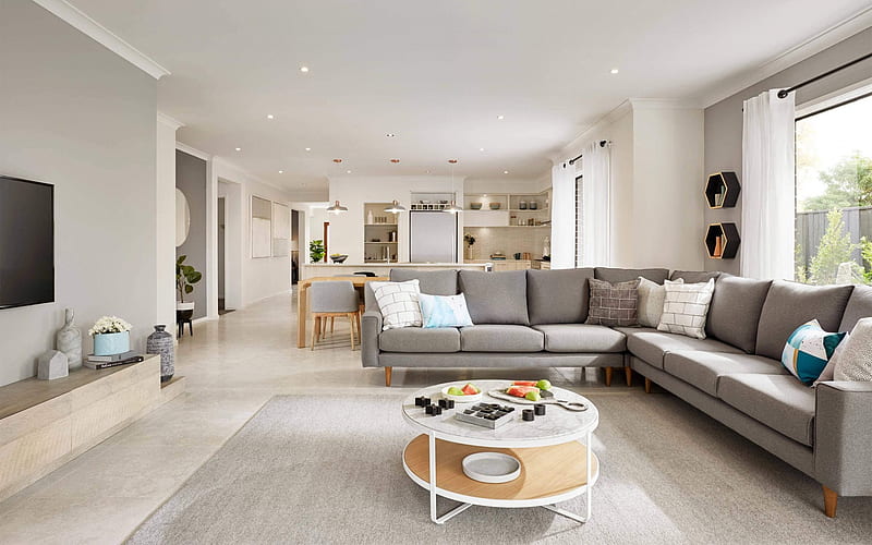 living room, stylish light interior, open space, large gray sofa, modern interior design, HD wallpaper