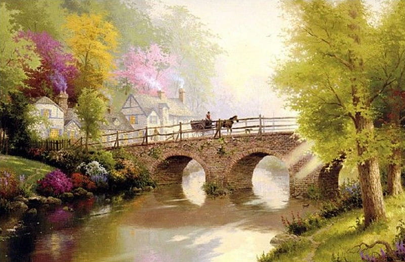 By Thomas Kinkade, mountains, stone bridge, painter, beauty, nature, carriage, light, HD wallpaper