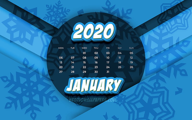 January 2020 Calendar comic 3D art, 2020 calendar, winter calendars, January 2020, creative, snowflakes patterns, January 2020 calendar with snowflakes, Calendar January 2020, blue background, 2020 calendars, HD wallpaper