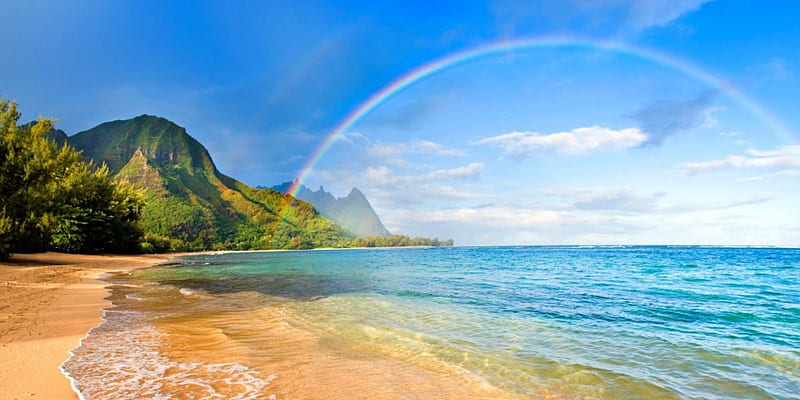 Rainbow Beach, islands, Hawaii, bonito, rainbow, sea, beach, sand, cliffs, mountains, HD wallpaper