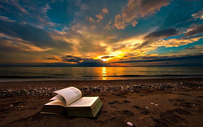 An open Book, beach, sun, water, clouds, sky, sea, HD wallpaper